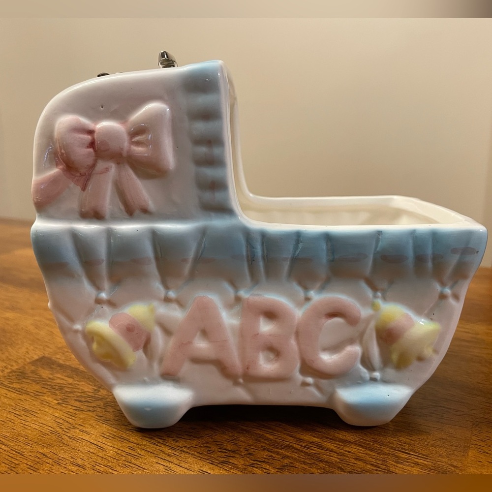 Vintage Working Musical Baby Buggy Planter Porcelain ABC Hospital Nursery Decor